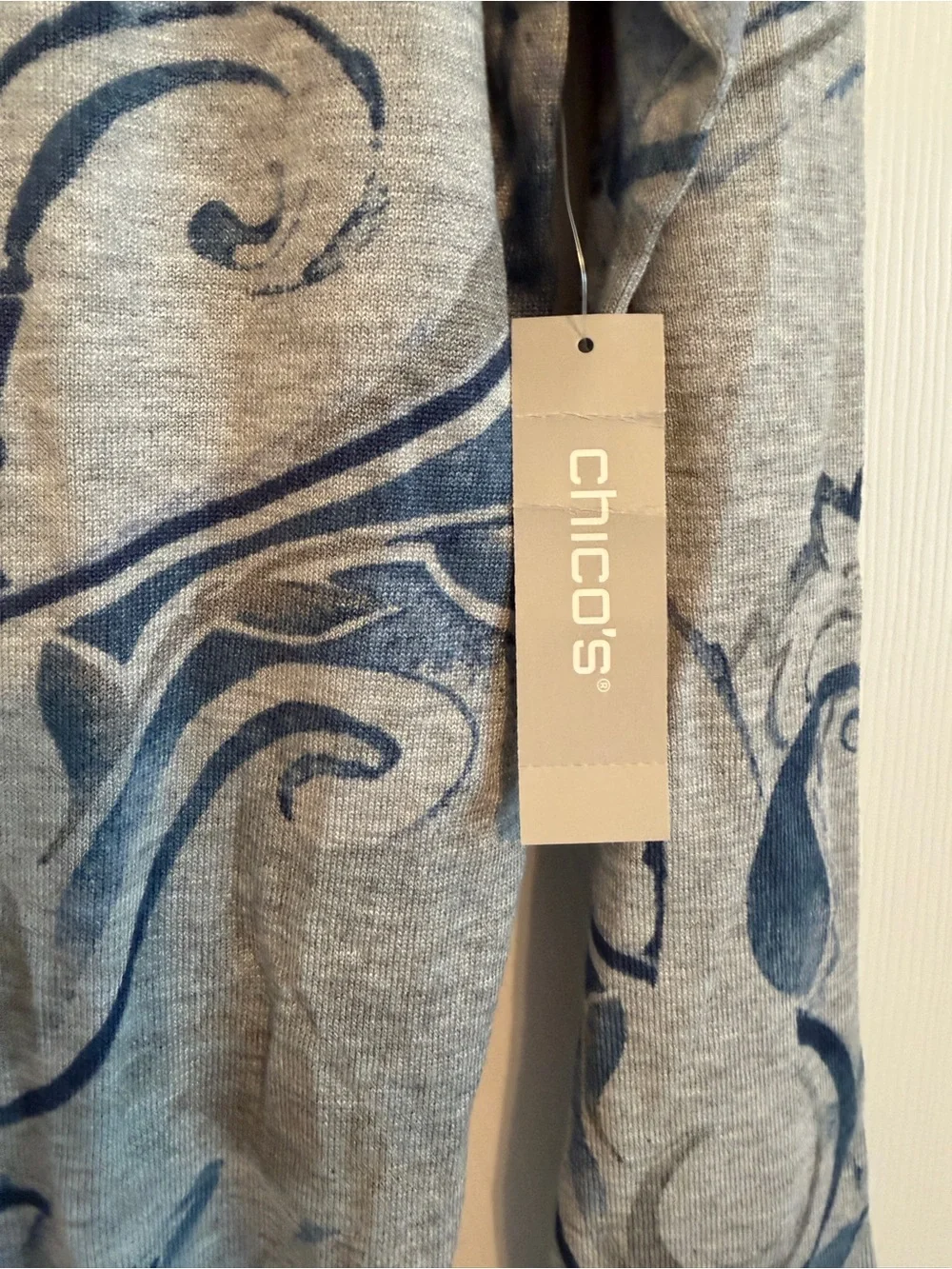 Chico's Gray Top with Blue Scroll Motif — Long Sleeve